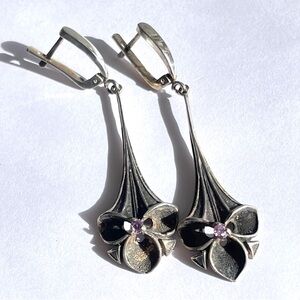 Vintage Art Nouveau Elegant Elongated, Floral Drop Earrings Sterling Silver 2.5”